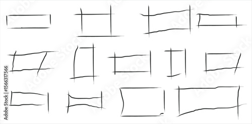 Collection of 13 hand-drawn abstract rectangular frame shapes with sketchy strokes and transparent background – minimal rough boxes for annotations, layout design, UI highlights, or graphic decoration