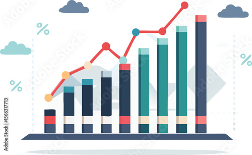 Illustration of a bar graph with an upward trending line and cloud icons in the background