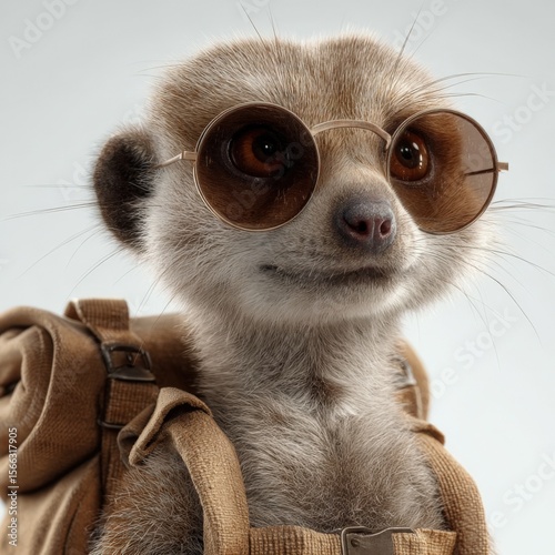 Cute dressed-up meerkat wea stylish round sunglasses and a backpack, close-up portrait with neutral background, adorable animals