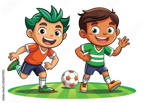 Cartoon boy playing soccer with a ball on a field