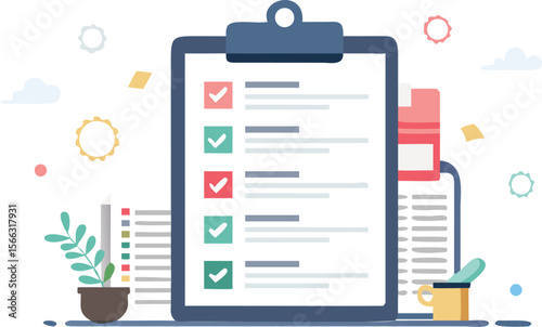 Clipboard with checklist items marked with check marks and office supplies displayed around it