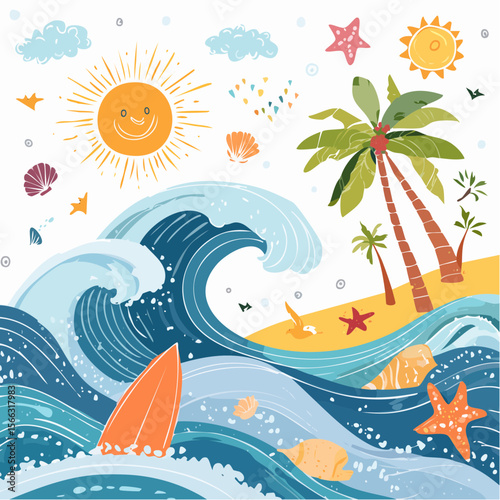 summer poster or card set in art doodle style with hand drawn surfer on the wave