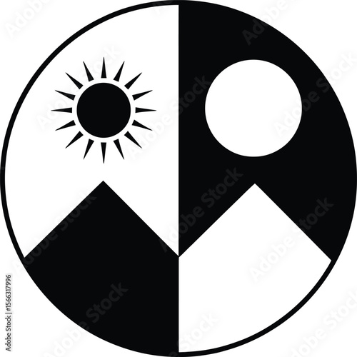 Yin Yang Symbol with Sun Moon and Mountain Silhouettes