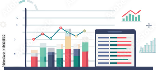 Illustration of a bar graph and line graph with a tablet showing data visualization elements