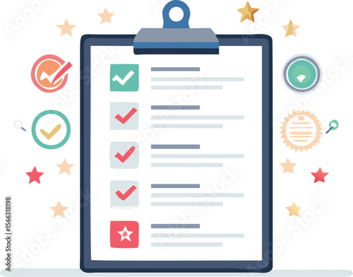 Clipboard with check marks and star icons surrounded by stars and other icons on a white background