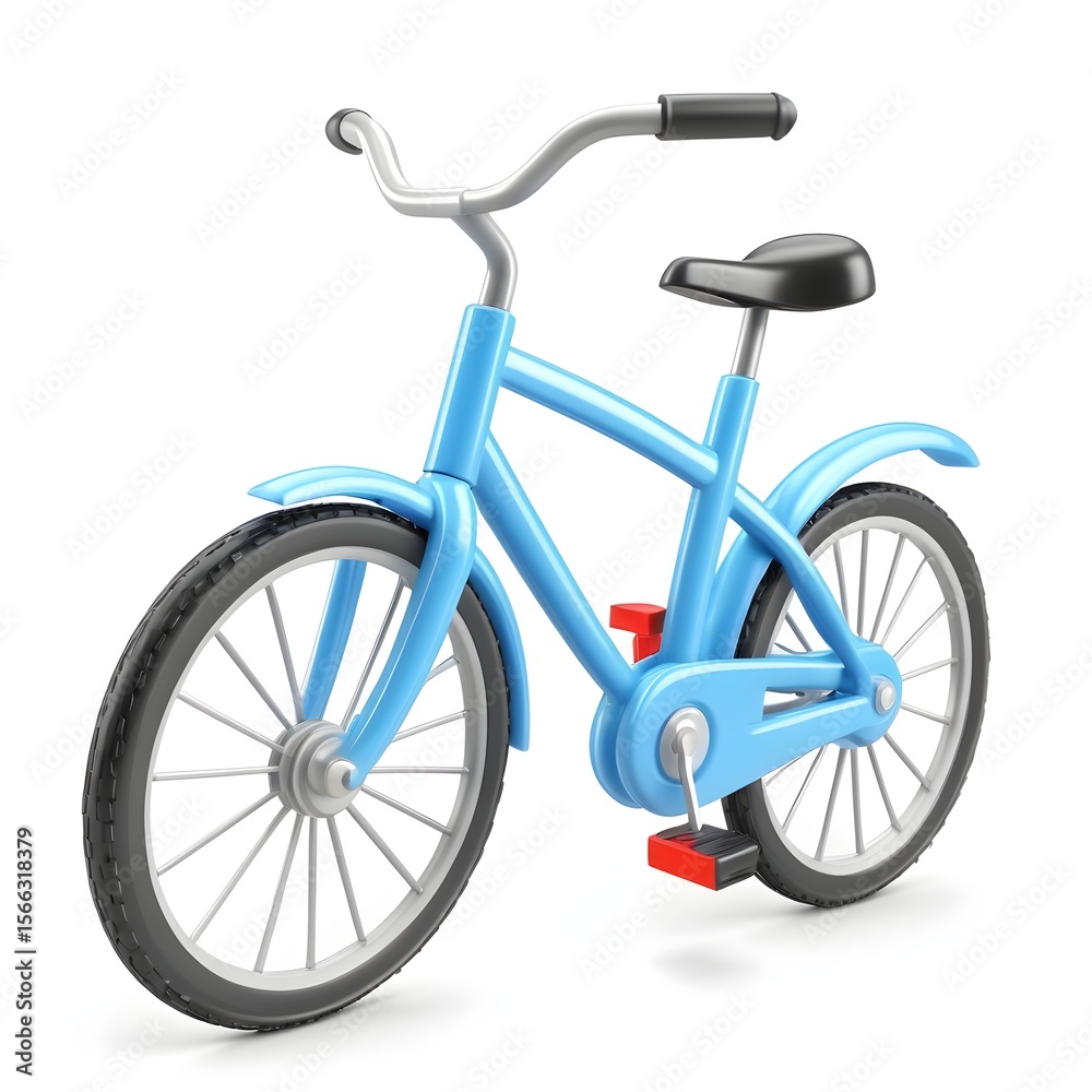 Fototapeta premium Bright Blue Bicycle with Black Seat and Red Pedals on White Background