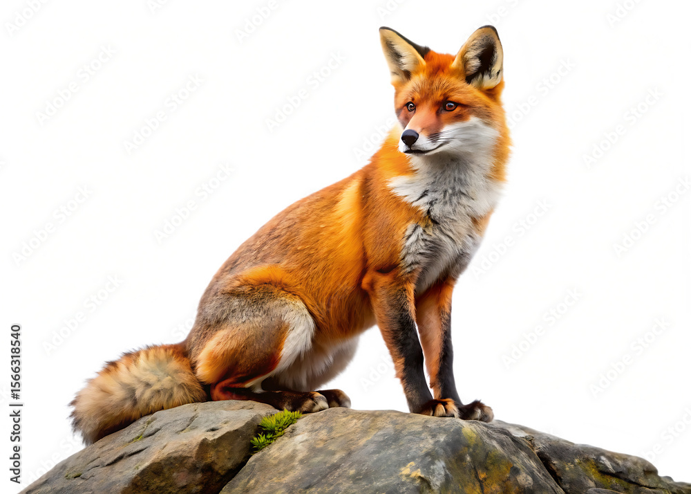 Obraz premium beautiful fox on rock isolated on white background, PNG