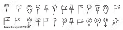 pins hand drawn doodle set pin line drawing style planner map pins variable icons