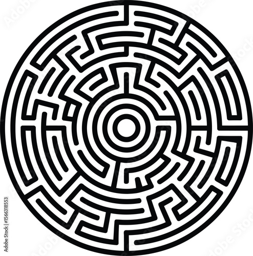 Black and white circular maze on white background labyrinth