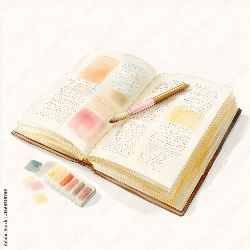 Obraz premium Watercolor Open Books with Pens and Soft Colors – Calm and Cozy Study Illustration