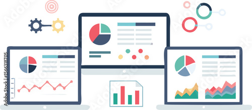 Data visualization on multiple screens showing charts and graphs in a business setting display