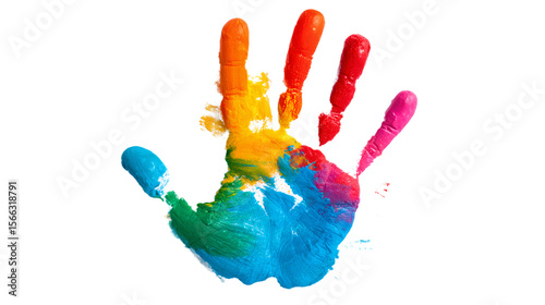 A colorful handprint pressed onto a white background with paint splatters - representing creativity and diversity