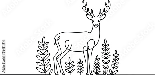 Black Line Drawing of a Deer with Antlers and Foliage