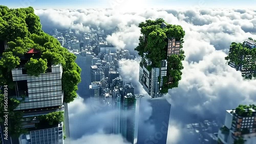 Futuristic Urban Landscapes: Green Buildings Suspended in Clouds