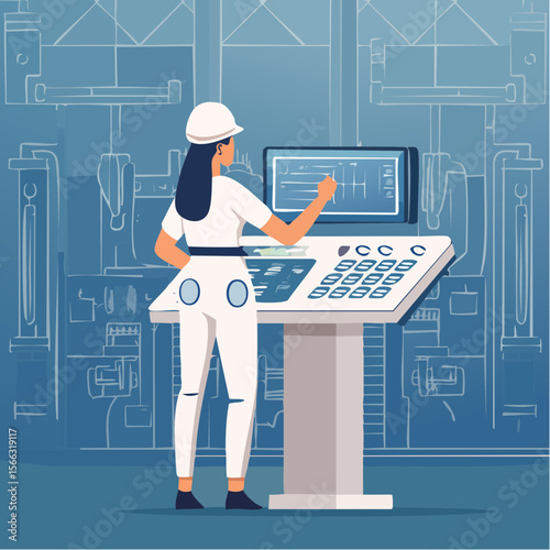 Monoline illustration of a technician operating a digital control panel