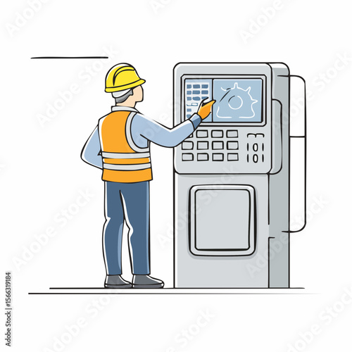 Monoline illustration of a technician operating a digital control panel