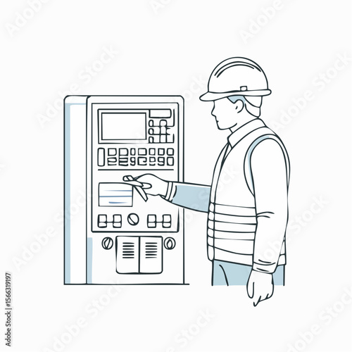 Monoline illustration of a technician operating a digital control panel
