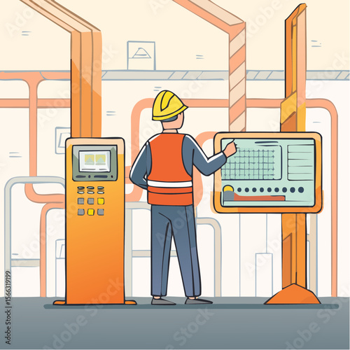 Monoline illustration of a technician operating a digital control panel