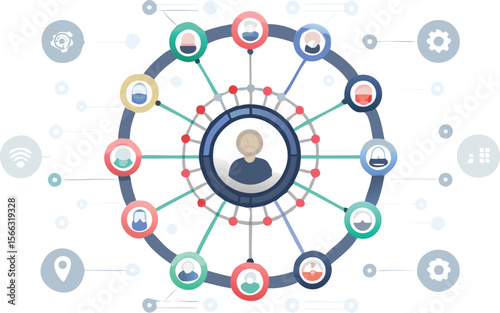 Network connection with person in the center surrounded by other people and icons linked together