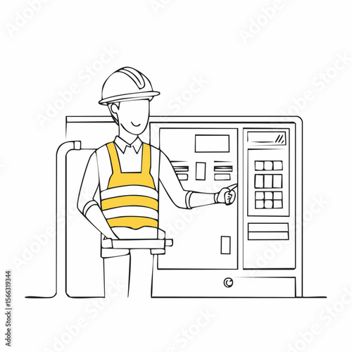 Monoline illustration of a technician operating a digital control panel
