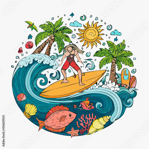 summer poster or card set in art doodle style with hand drawn surfer on the wave