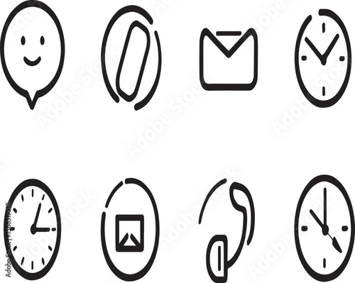 A set of eight black and white line icons representing communication and time on a white background