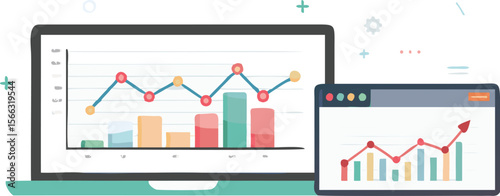 Laptop and tablet displaying bar and line graphs showing data analysis and business performance reports