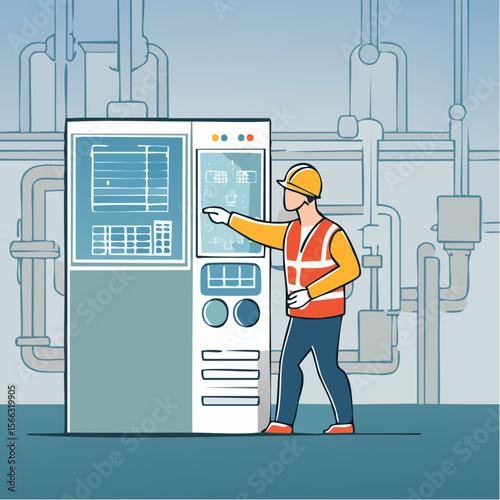 Monoline illustration of a technician operating a digital control panel