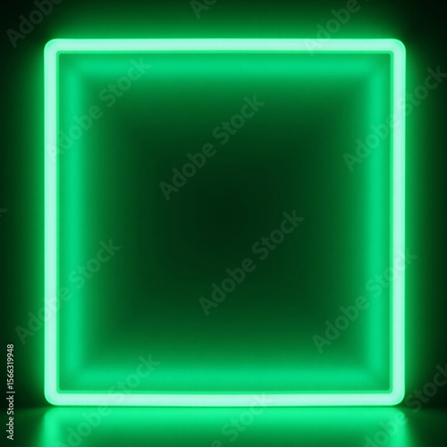 Glowing green neon square frame on a dark background with reflection