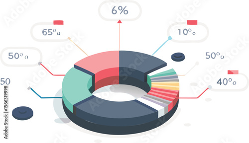 Isometric donut chart with percentage labels showing data distribution and proportions analysis visually
