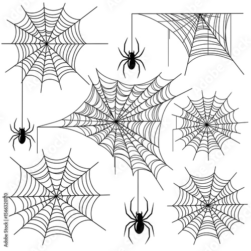 Vector style black white halloween elements spider webs isolated on white