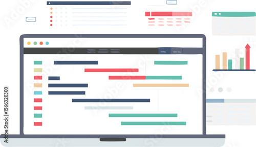 Laptop screen displaying a project timeline with charts and interface elements shown around it