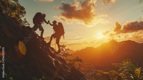 協力で登る、夕陽に染まる山頂への道