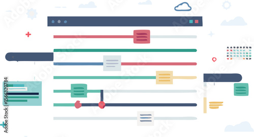 Illustration of a dashboard with sliders, calendar, and data visualization elements on white