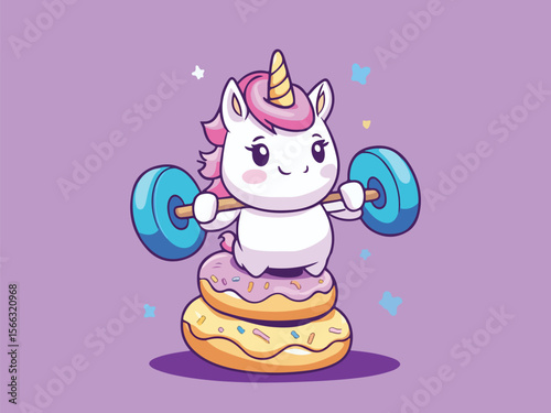 Cartoon Unicorn Lifting Weights on Stack of Donuts for Fitness and Fun