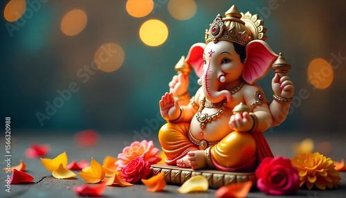 Hindu Lord Ganesha with blurry beautiful and colorful decorative background, Ganesha Ganpati statue, Ganesha festival, Hindu lord concept.