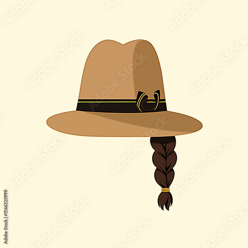 From the series "oktoberfest",felt hat with a women's braid wig, on the isolated light brown background