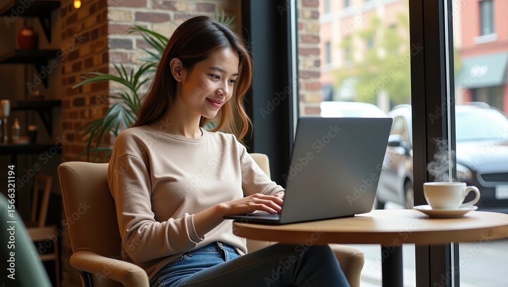 Naklejka premium Happy Remote Work: Young Woman Productively Using Laptop in Cafe