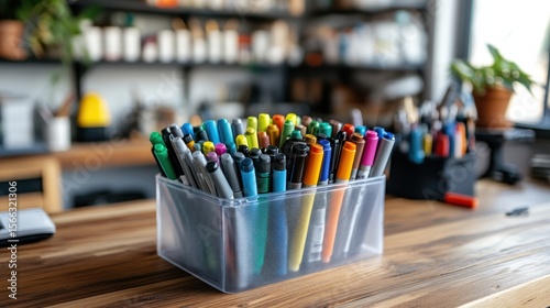A container filled with colorful markers sits on a wooden table in a cozy, blurred indoor setting with plants and shelves in the background.