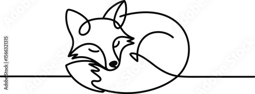 Black Line Art Fox Curled Up Sleeping on White Background