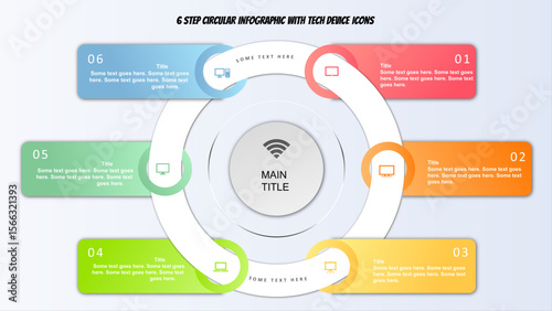 6 Segment Circular Process Infographic with Device Icons – Editable Template. Fully editable modern infographic vector elements SVG file compatible with PowerPoint.
