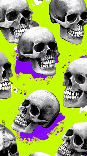 Skull pattern neon lime background halloween graphic design punk fashion digital art streetwear edgy alt festival bold print youth merchandise concept 80s retro grunge collage influencer