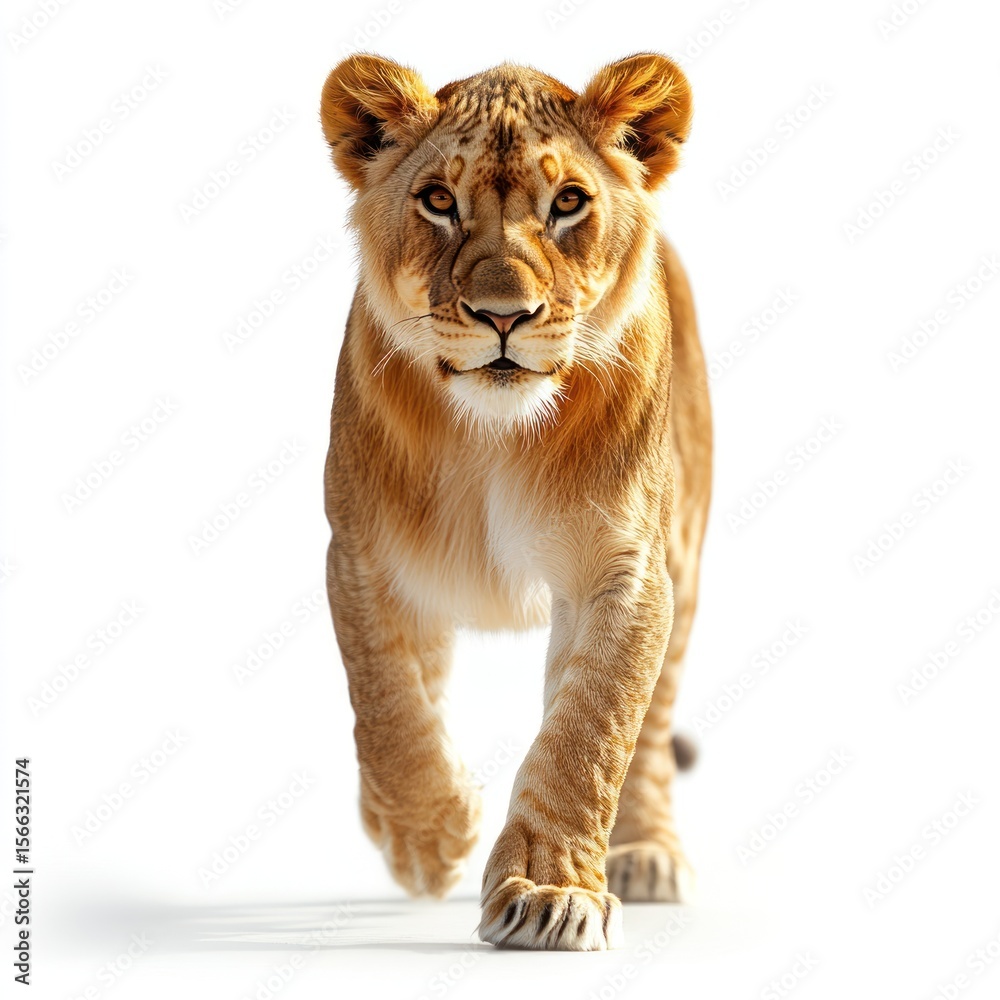 Obraz premium Lioness confidently strides forward with grace in a pristine environment