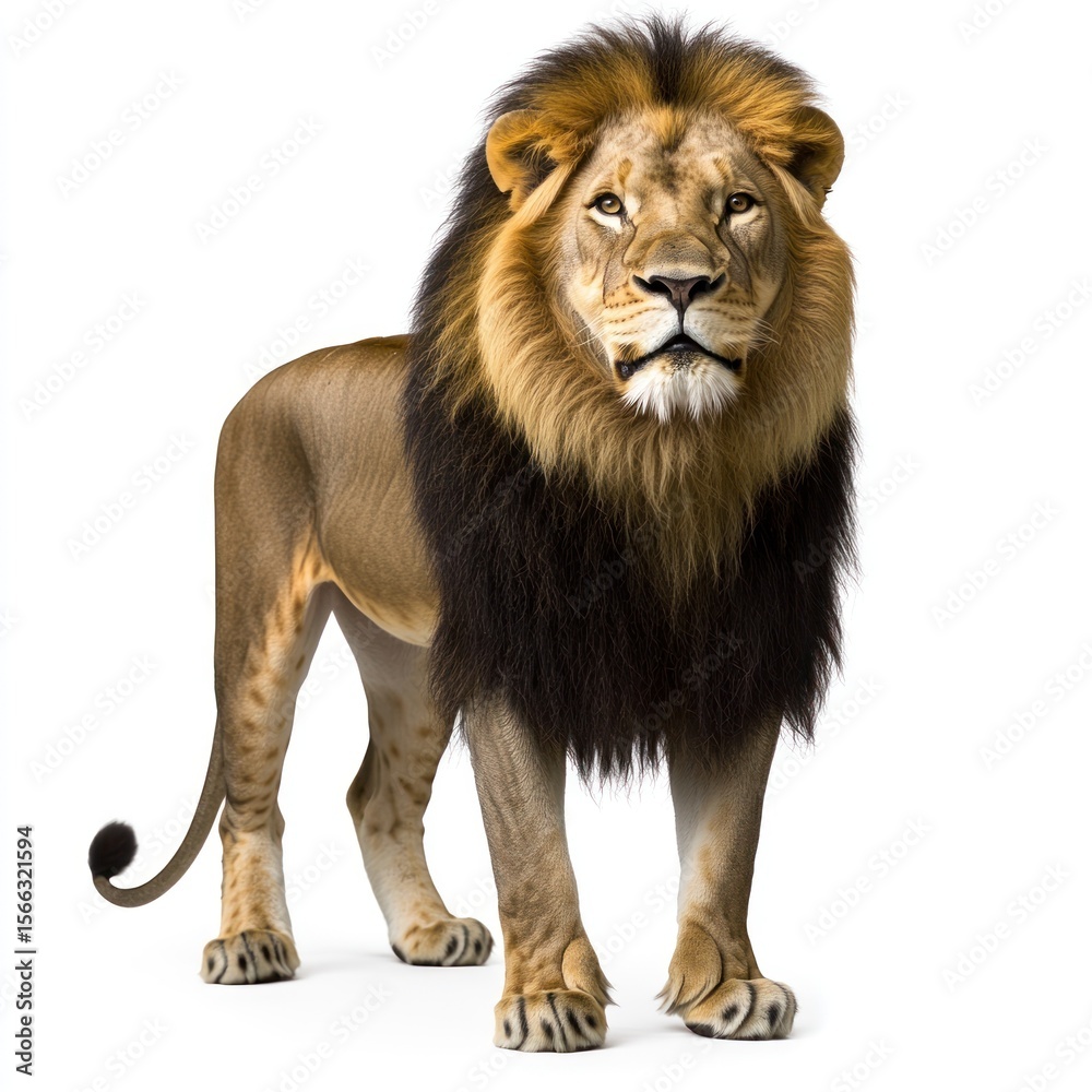 Obraz premium Majestic lion standing proudly in a serene natural environment during daylight hours