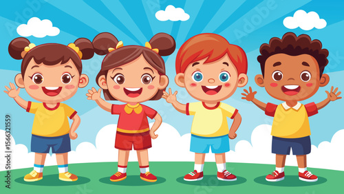 Happy children play together in a sunny park