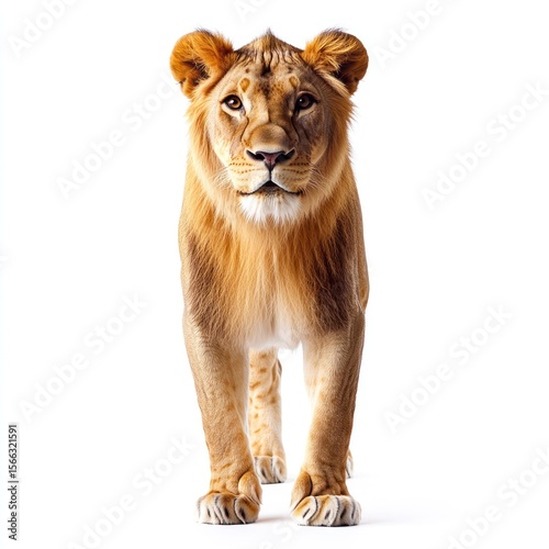 Majestic lioness walks gracefully in a bright  minimalistic studio setting