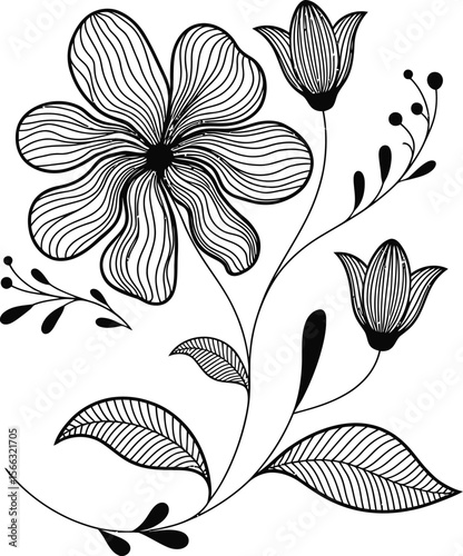 Black and White Floral Illustration with Detailed Petals and Leaves