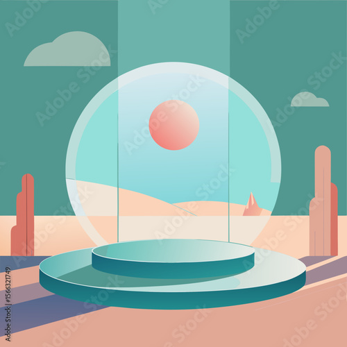 Aesthetic desert scene with a round platform, a sun, clouds, cacti and a large glass orb background