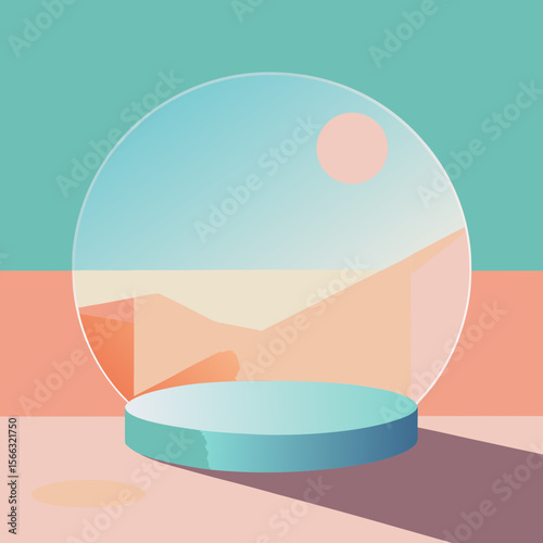 Aesthetic product display stage with a round backdrop featuring a desert landscape and soft pastel colors