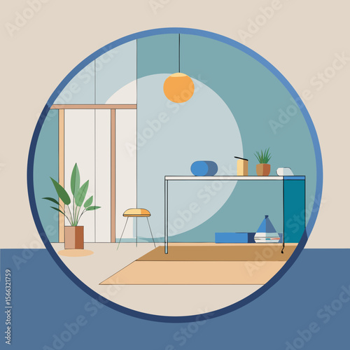 Interior scene with furniture, plant, and circular frame in a minimalist style design concept